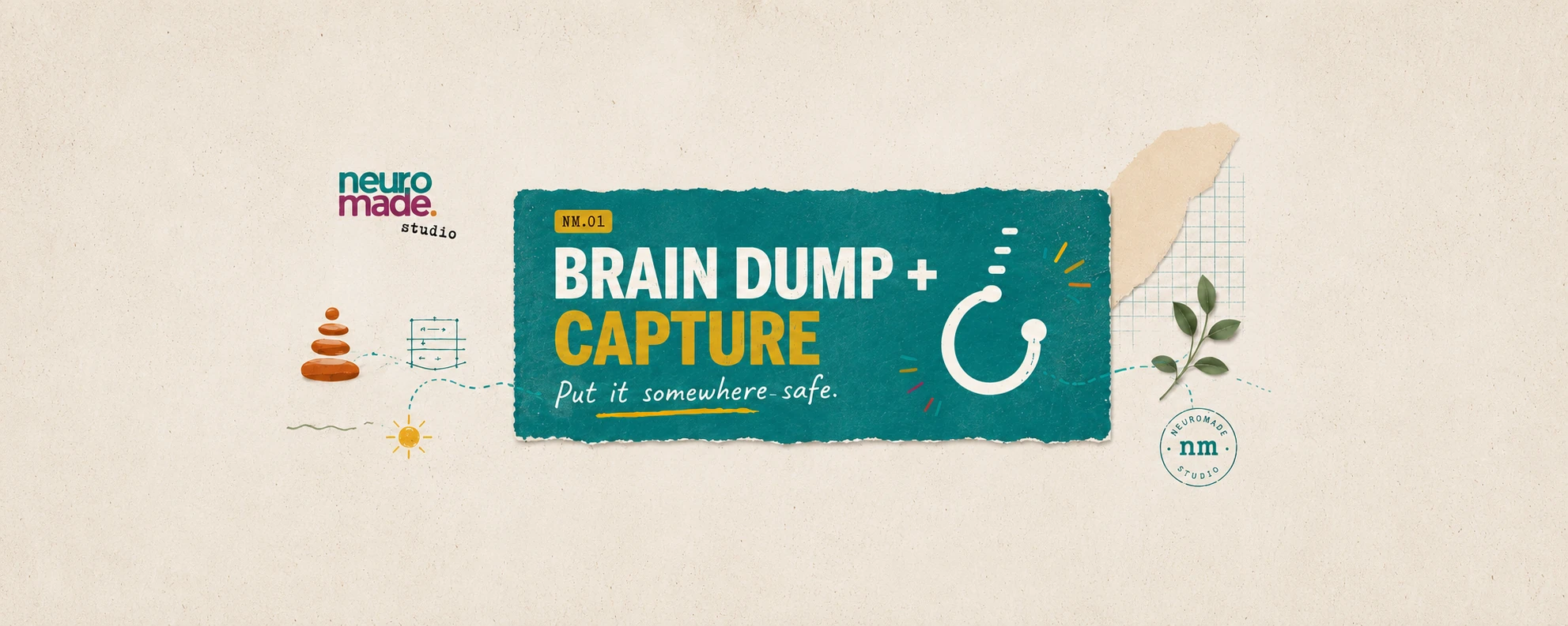 NeuroMade Brain Dump and Capture banner with torn teal paper, capture symbol and field guide details
