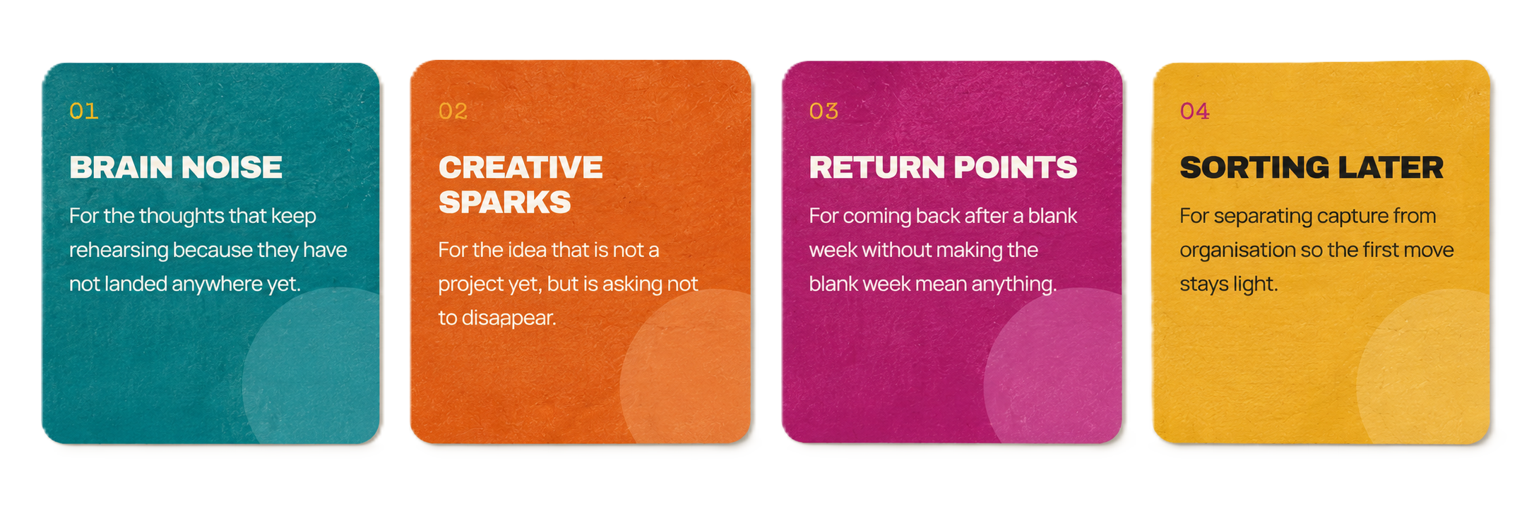 Four brand cards: Brain noise, Creative sparks, Return points, and Sorting later.
