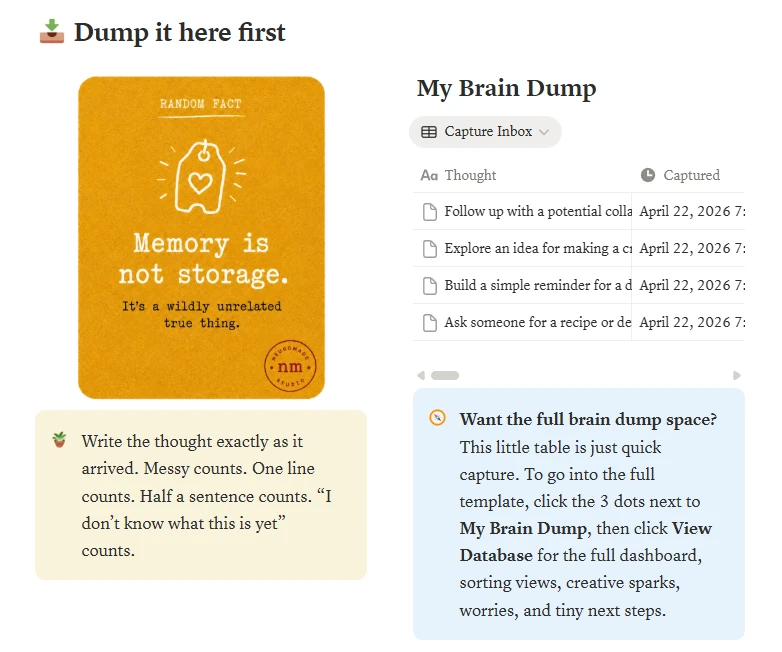 Screenshot of the Dump it here first section and My Brain Dump database preview