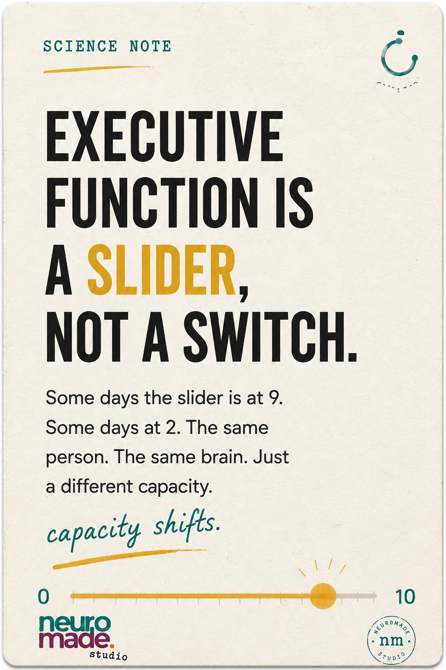 Executive function is a slider science note card